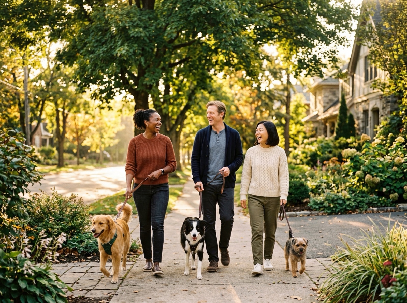 Neighbors walking their dogs together