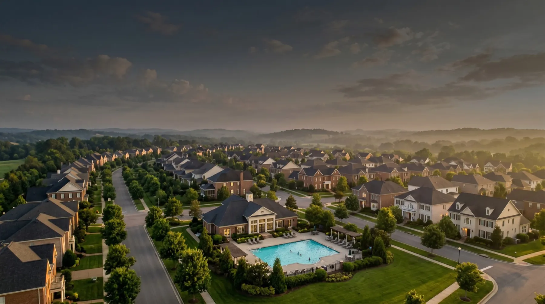 An aerial photograph of a suburban homeowners association at golden hour: curving streets of large houses, mature trees, and a clubhouse with a lit swimming pool at the centre.