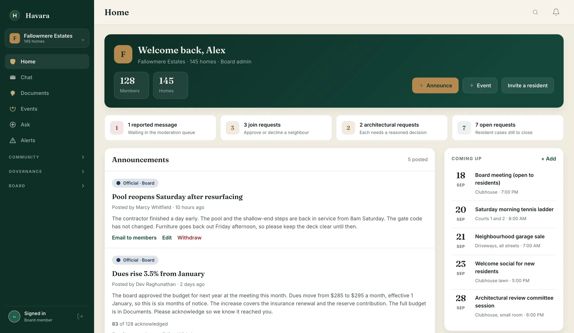The Havara web console. A sidebar of Home, Chat, Documents, Events and Ask, a welcome panel reading 128 members and 145 homes, four counters for the moderation queue, join requests, architectural requests and open resident cases, two board announcements with their actions, and a Coming Up calendar.