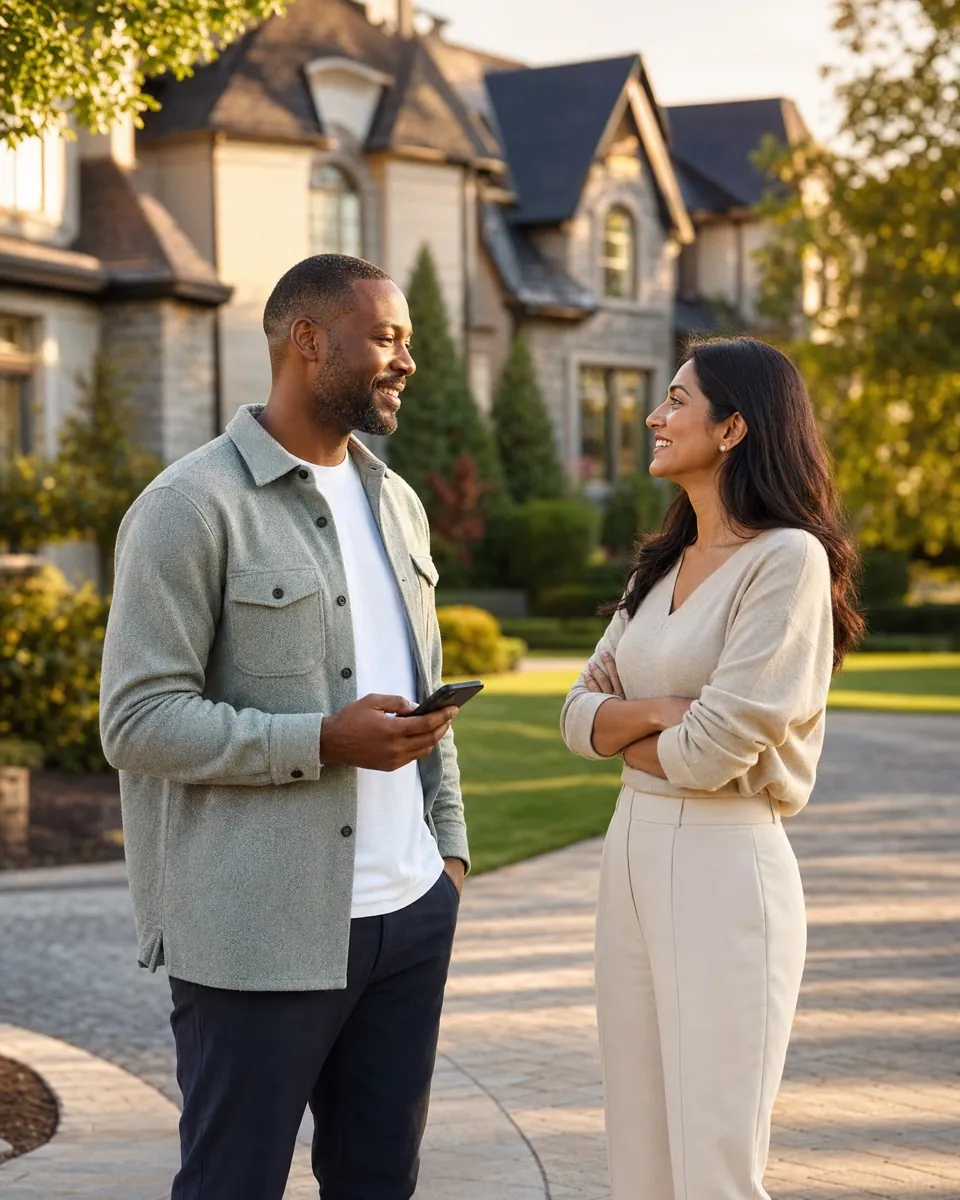 Two neighbors standing on a driveway in late afternoon light, talking.