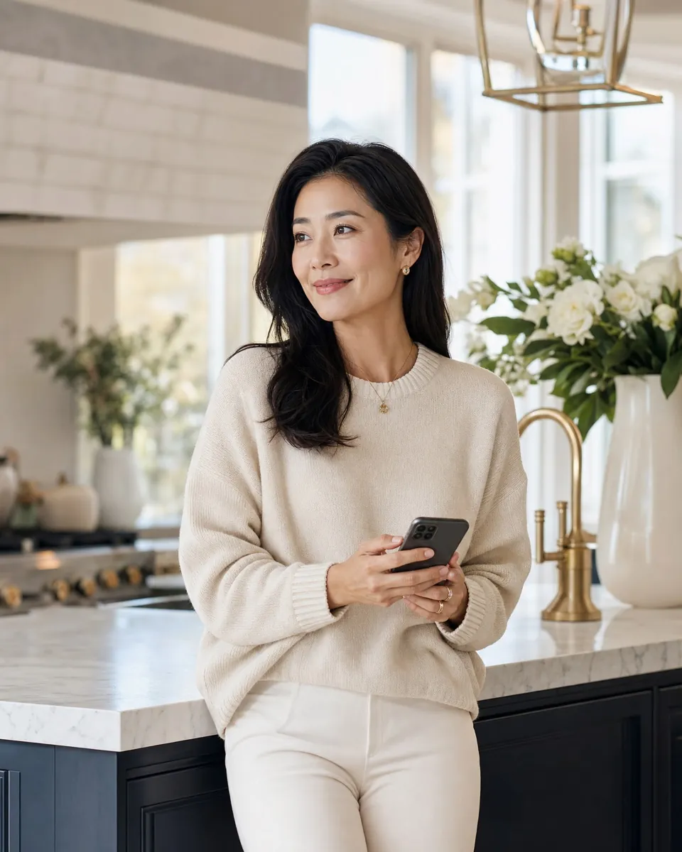 A woman standing at a kitchen island, holding a phone and looking out of the window.