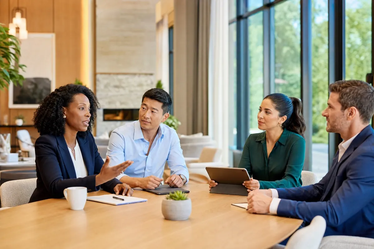 Four people sitting around a table with tablets and a notepad, talking.