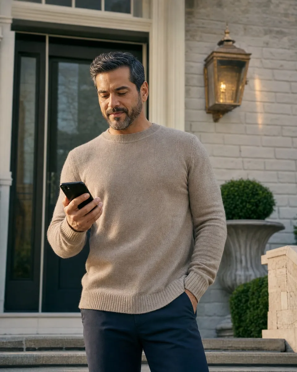 A man standing on the front steps of a house, looking at his phone.